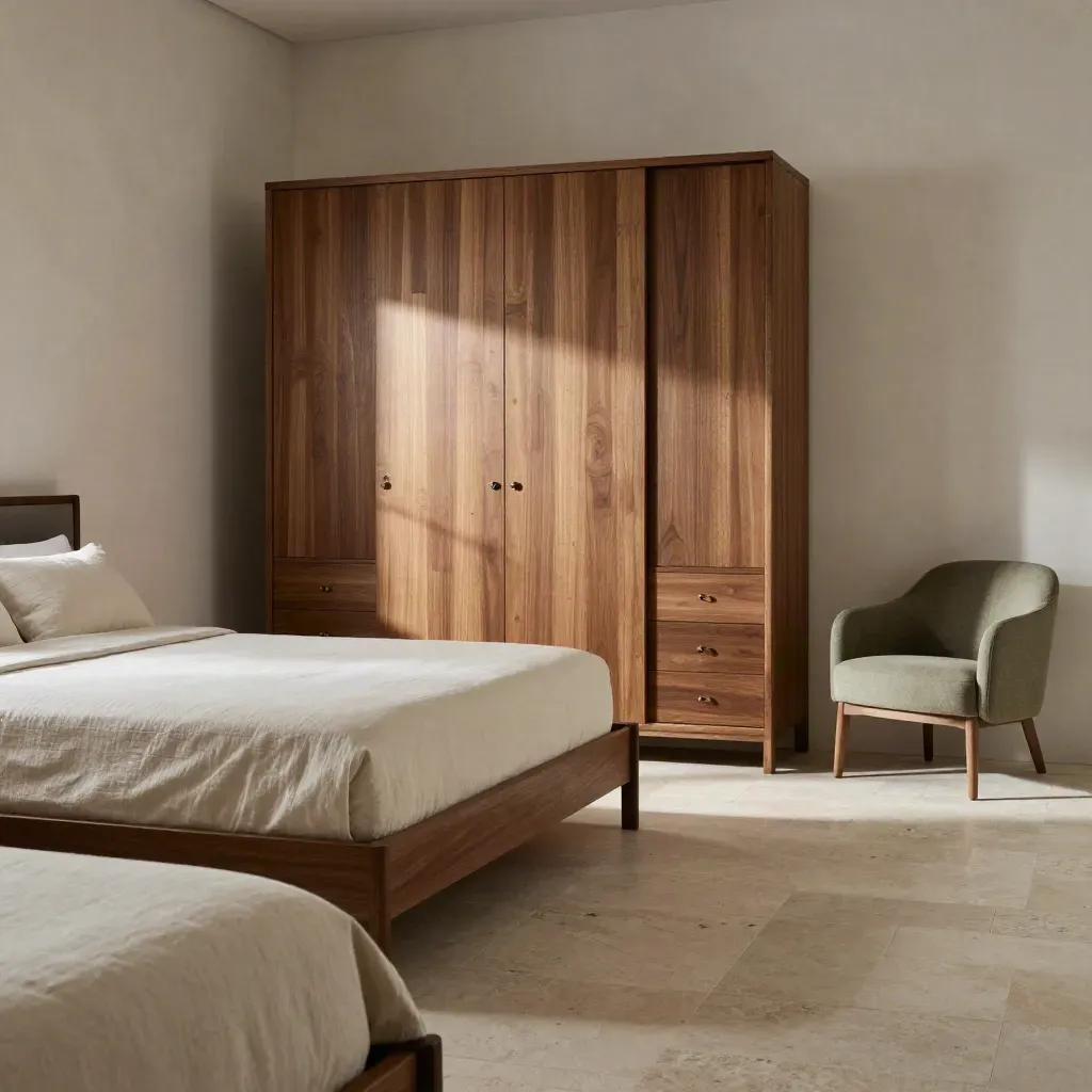 Camera completa Brera in rovere caldo con letto, armadio, comodini e sedia in una suite luminosa.