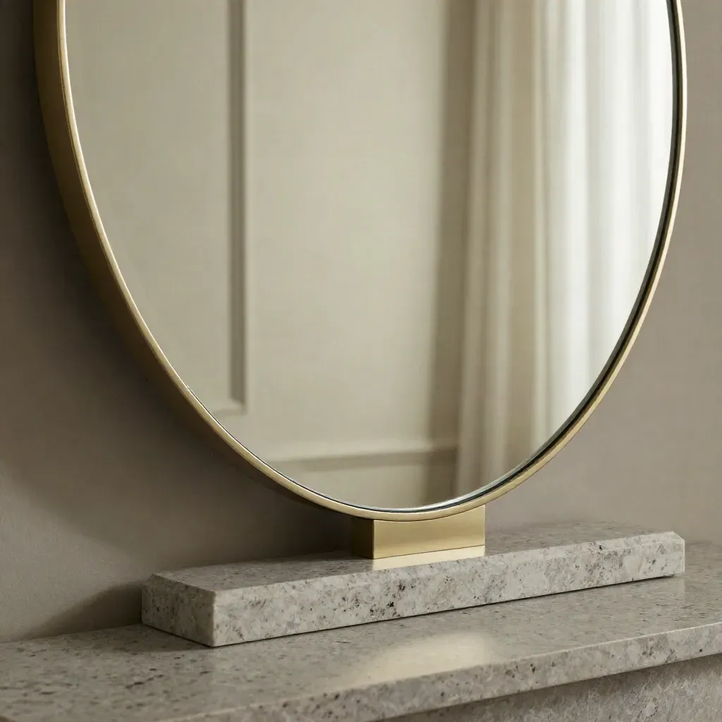 Specchio ad arco con cornice champagne e base in pietra, sfiorato da una tenda chiara.