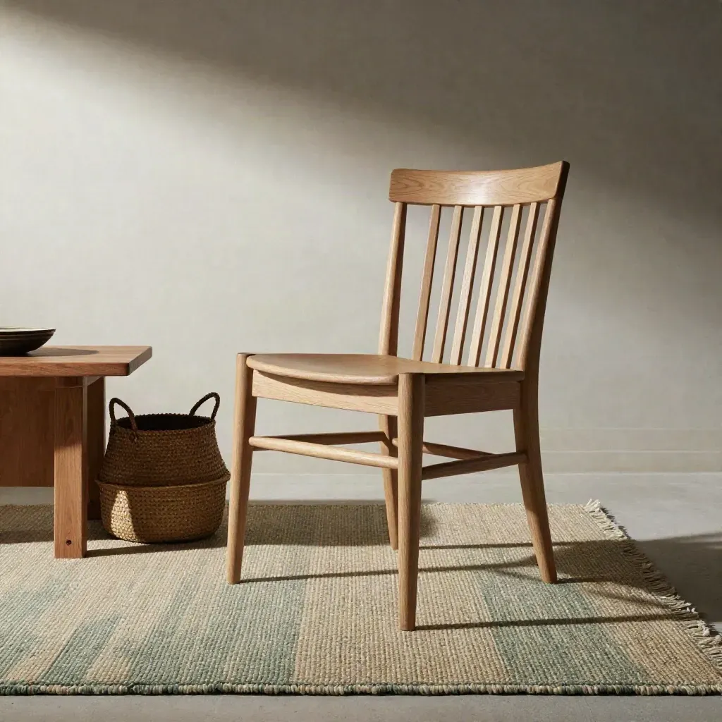 Sedia in legno chiaro con tavolino basso, cesta in fibra e tappeto intrecciato in salotto elegante.