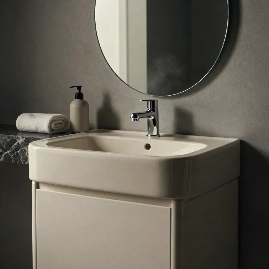 Mobile bagno chiaro con lavabo e specchio ovale su pietra scura, luce drammatica