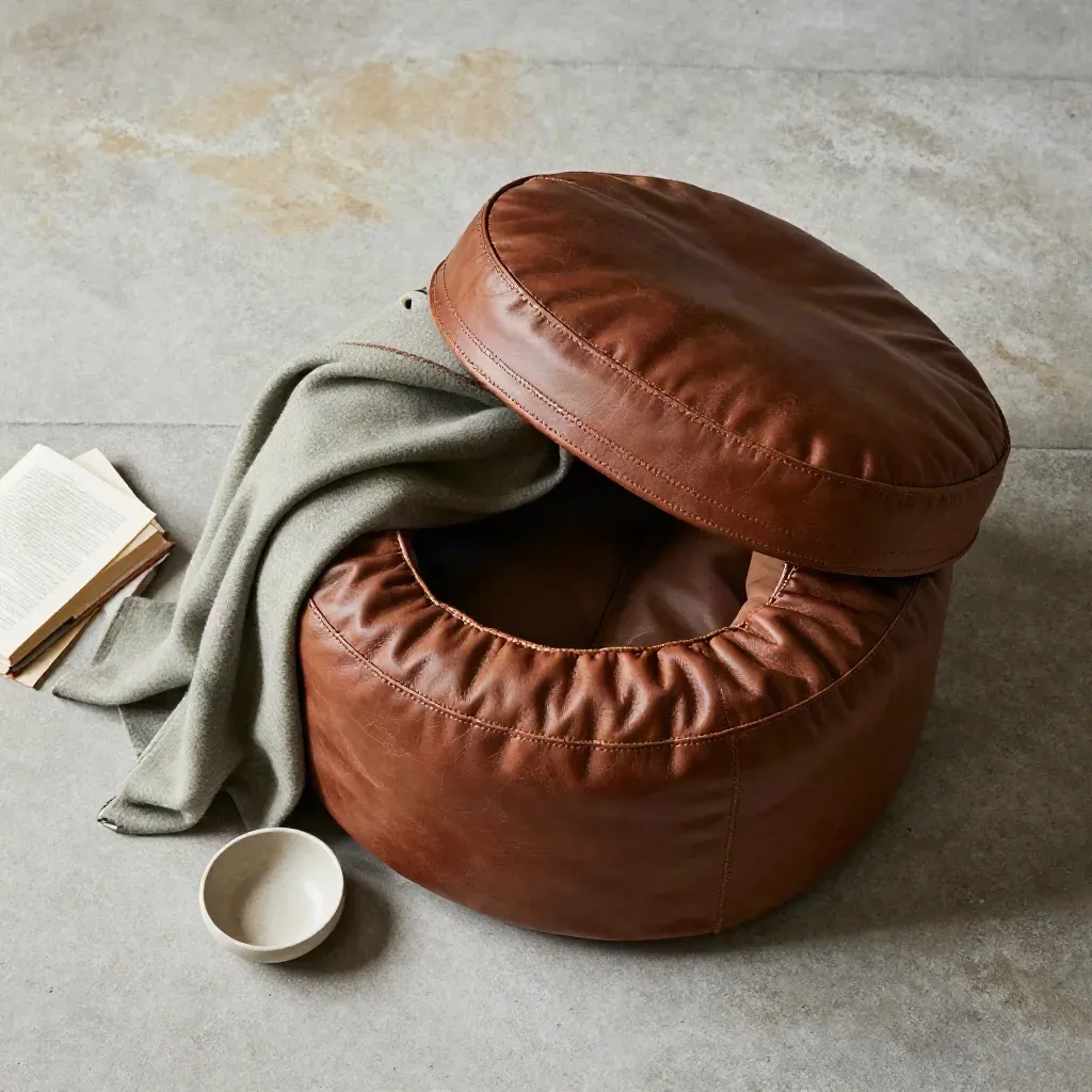 Pouf contenitore in pelle con plaid verde salvia, libro chiuso e ciotola in ceramica, vista dall'alto