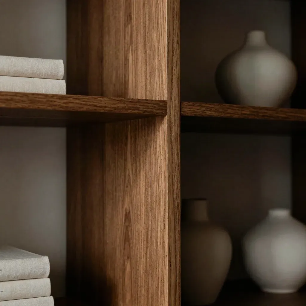 Macro della libreria in rovere scuro con libri chiusi e ceramiche basse, luce radente.