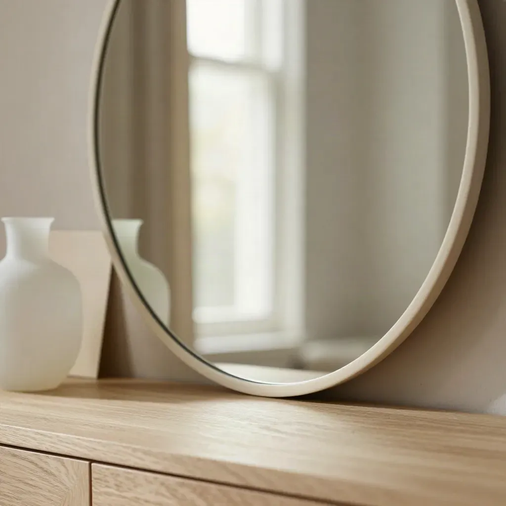 Specchio tondo con cornice sottile su consolle in rovere e vaso in vetro opalino
