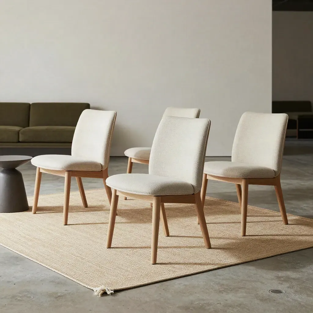 Quattro sedie chiare con tappeto intrecciato e tavolino grafite in uno showroom luminoso.