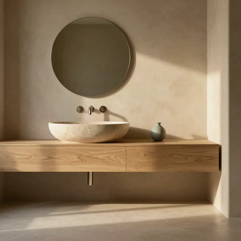 Bagno caldo con lavabo in pietra, specchio rotondo e luce dorata sul legno chiaro